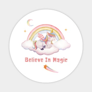 Believe In Magic Cute Unicorn With Rainbow, Clouds, And Stars Magnet